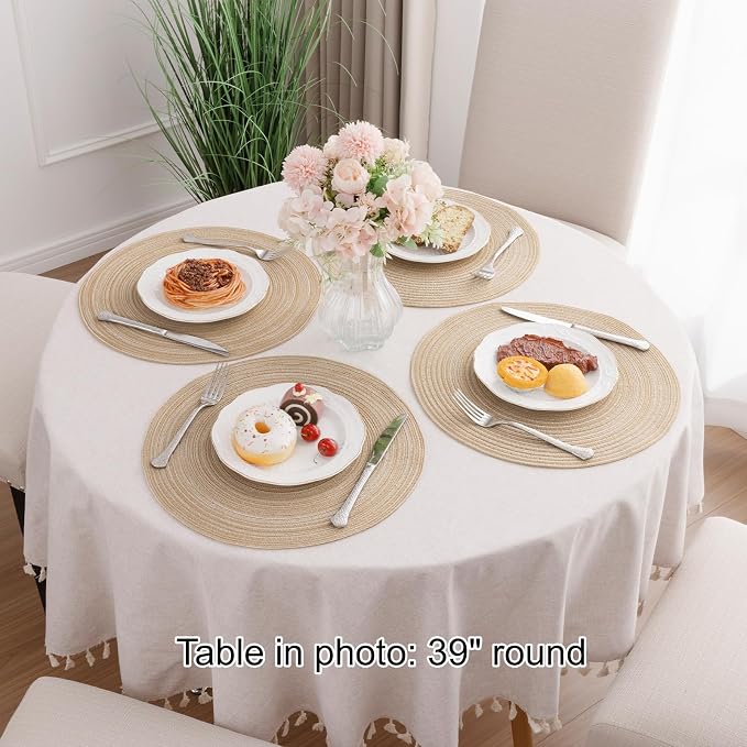 SHACOS 15 inch Beige Round Placemats Set of 12 for Dining Table Woven Braided Circle Place Mats Kitchen Placemat Washable Table Mats
