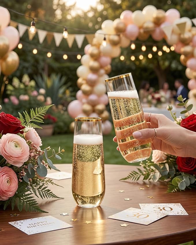 Ciaell 24 Pack Gold Plastic Champagne Flutes for Mimosa Bars | 9 oz Gold Stemless Mimosa Glasses, Heavy Duty Plastic, Champagne Mimosas Wine Cocktails for Weddings Birthdays Parties