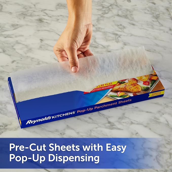Reynolds Kitchens Pop-Up Parchment Paper Sheets, 30ct | Pre-Cut Nonstick Parchment Sheets, Microwave and Oven Safe Up to 425F, Easy Cleanup, Fits Standard Pans, 10.7 x 13.6 in
