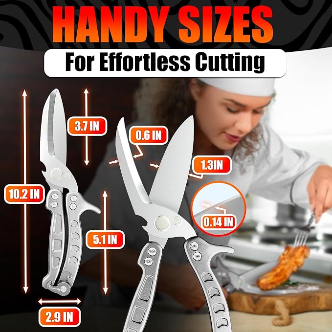 Kitchen Shears Heavy Duty, Safety Lock, Stainless Steel (Silver) | Poultry Shears for Chicken, Turkey, Spatchcock, Fish; Bone Cutting Scissors, Micro-Serrated, Spring-Loaded, Separate to Clean