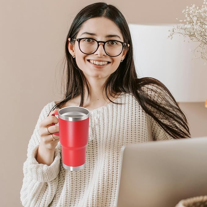 20 oz Tumbler with Handle Coffee Tumblers with Lid Travel Mug Red 12P | 20oz Tumblers with Handle Double-Wall Insulated Vacuum Coffee Mugs Stainless Steel Tumbler with Handles&Lid Red 12P