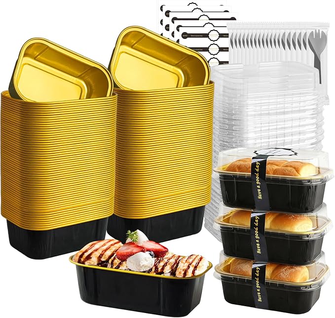 Mini Cake Pans With Lids And Spoons,5.5 oz Rectangle Mini individual Loaf Pans Disposable Aluminum Foil Small Baking Cups Tins (100, Black)