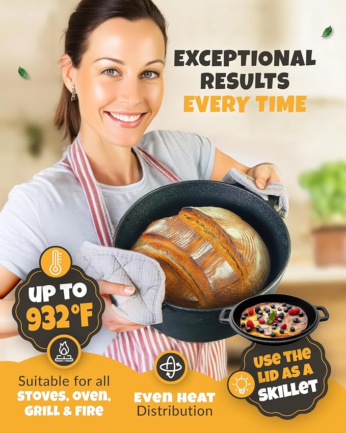5 QT Pre-Seasoned Dutch Oven for Bread Baking with Lid and Kit | Dutch Oven for Sourdough Bread Baking and Supplies incl. Banneton, Bread Sling, Lame, Dough Whisk & Guide, Cast Iron Pot Set