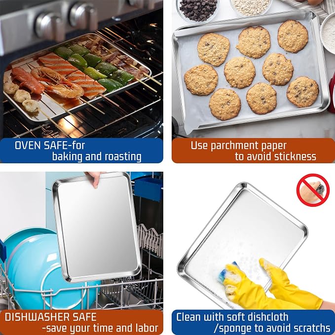 P&P CHEF Baking Sheet Pan, Stainless Steel Cookie Sheet, 12.5 Inch & 4 Pcs | Oven Tray Sheet Pan for Baking & Serving, Baking Tray for Multi Uses, Heavy Duty & Non-toxic, Rust Free & Dishwasher Safe