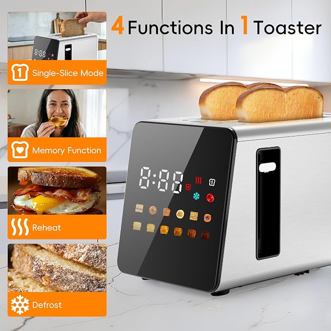 WUNLY Smart Touchscreen 2 Slice Toaster, Wide Slot, Memory & Single-Slot | Digital Timer, Extra Wide Slot for Bagels, 6 Shade Levels & 6 Bread Settings, Reheat, Defrost, Favorite, Silver