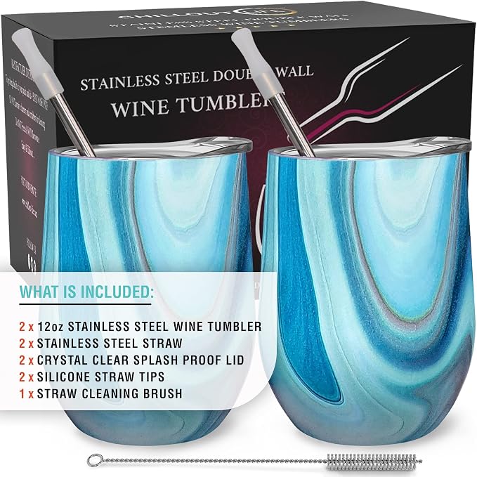 CHILLOUT LIFE 12 oz Stainless Steel Wine Tumblers 2 Pack - Double Wall Vacuum Insulated Wine Glasses Cups with Lids and Straws Set Keeping Cold & Hot for Coffee, Beer, Ice Cream - Ocean Marble Pattern