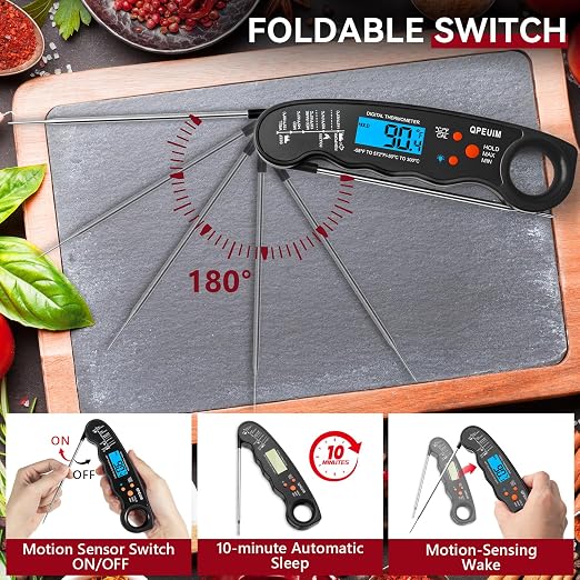 QPEUIM Meat Thermometer Digital Black | Instant Read Food Thermometer, Waterproof, Backlight, For Grilling, Cooking, BBQ, Deep Fry, Turkey, Candy