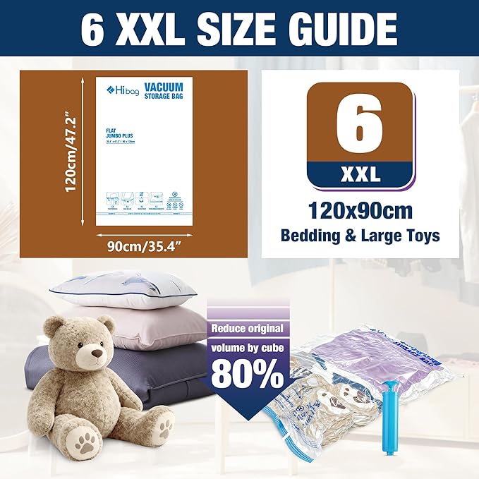 XXL Jumbo Vacuum Seal Storage Bags Extra Large for Clothing Bedding | 47''X35'', Airtight Triple Seal, Save 80% Space, Hand Pump, Work with Vacuum, Double Zip, Reusable, Easy to Use, 6 pack