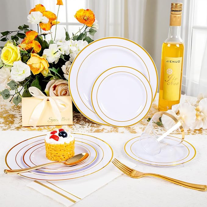 GATHER 176PCS White and Gold Plastic Plates for Wedding and Party | Gold Disposable Plates include 50 Plates, 75 Silverware, 25 Napkins, 25 Cups, 1 Tablecloth for Bridal Shower