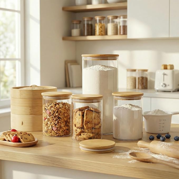 132oz Large Glass Storage Containers with Bamboo Lids for Flour & Sugar -2P | Airtight Pantry Jar for Flour, Sugar & Rice, Durable Borosilicate Glass Canisters Keep Food Dry & Fresh, Easy to Fill & Clean