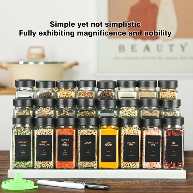 Spice Jars with Label，4oz Glass Spice Bottles With Shaker Lids，Seasoning Containers with Funnel, Chalk Pen for Cabinet，Drawer，Rack (Black, 24)