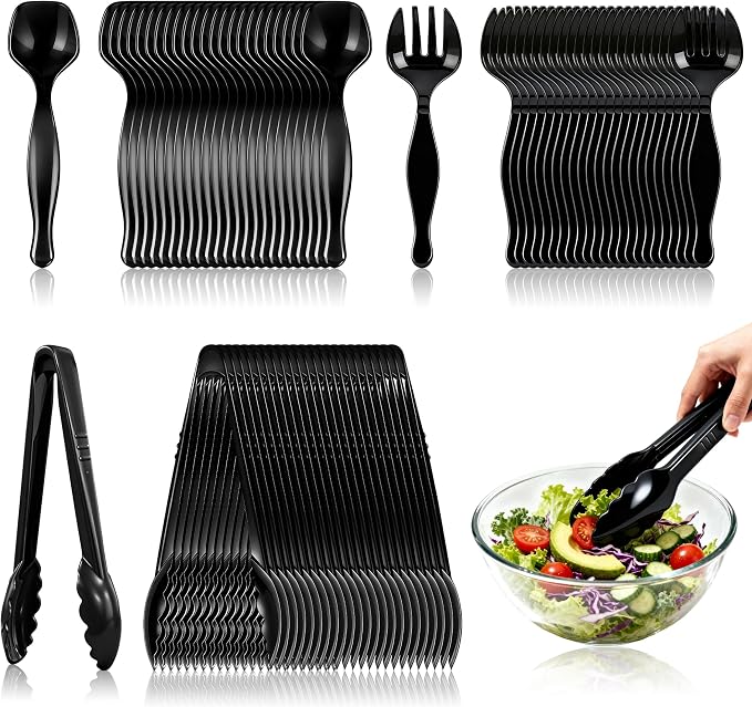 72Pcs Disposable Plastic Serving Utensils Set, 24 Black Spoons, 24 Forks, 24 Tongs, 9-Inch for Party Buffet Catering Events, Heavy Duty and Ergonomic Design (72, Black)