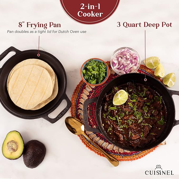 Cuisinel Cast Iron Dutch Oven - 3-Quart Deep Pot - Pre-Seasoned 2-in-1 Multi-Cooker - Combo Lid Doubles as 8"-inch Skillet + Silicone Handle Covers + Scraper - Use for Baking Bread. PFAS and PFOA-free