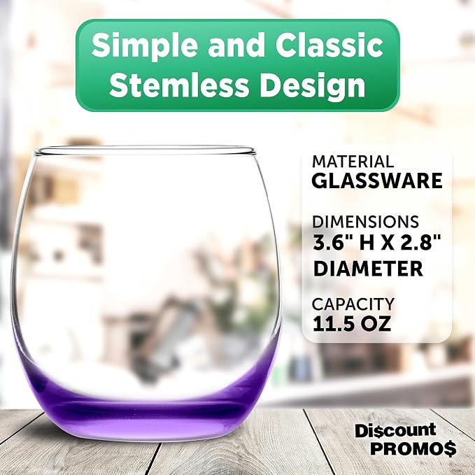 DISCOUNT PROMOS Mikonos Stemless Wine Glasses 11.5 oz. Set of 10, Bulk Pack - Restaurant Glassware, Perfect for Red Wine, White Wine, Cocktails - Purple Bottom Color