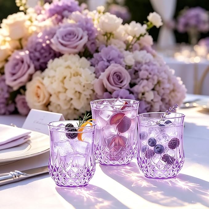 24 Pack 12 Oz Plastic Stemless Wine Glasses, Purple | Unbreakable, Reusable, Elegant Vintage Design, Fancy Cocktail Cups, Whiskey, Champagne, Wedding, Party, Bars, Holiday Events