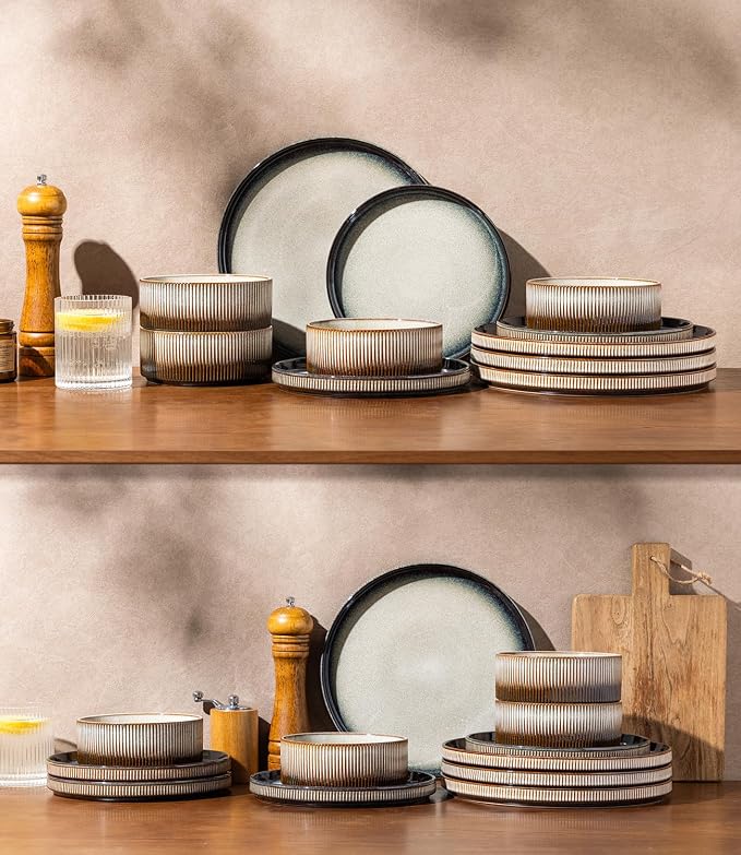 GBHOME Stoneware Dinnerware Sets for 4, 12-Piece Plates and Bowls Set | Handmade Reactive Glaze Ceramic Dish Set, Scratch Resistant, Dishwasher&Microwave Safe,Mocha & Sage
