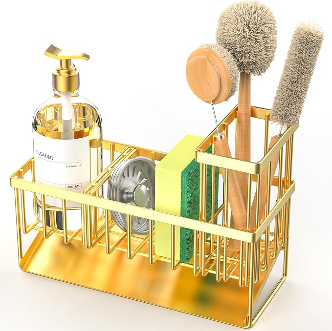 Cisily Gold Kitchen Sink Caddy Organzier with High Brush Holder, Sponge Holder for Sink, 304 Rustproof Stainless, Kitchen Countertop Soap Dispenser Organizer, Home Decor and Accessories