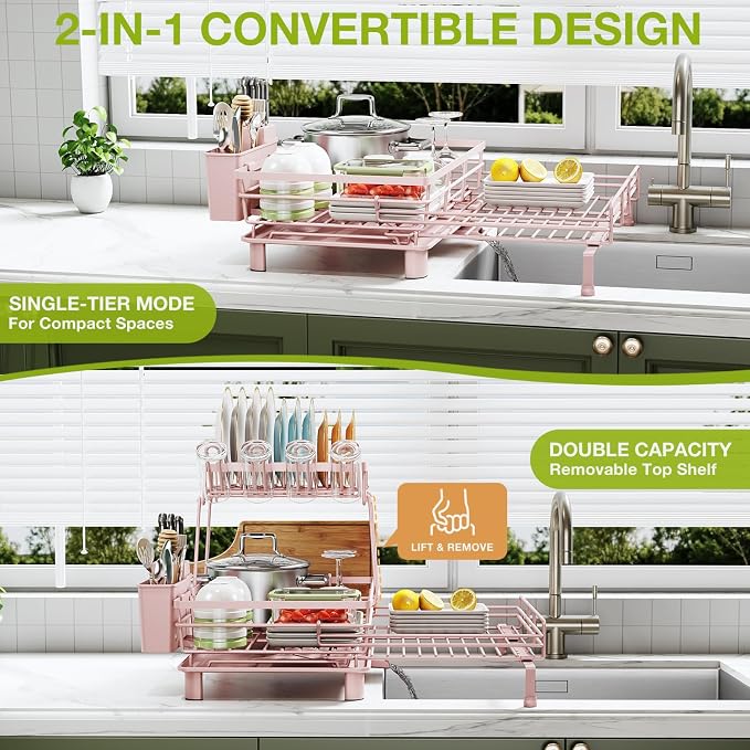 2-Tier Expandable Dish Drying Rack, Kitchen Counter Pink | Large Capacity Kitchen Organization, Heavy-Duty Carbon Steel, Swivel Drain Spout, Cup Hooks & Utensil Holder