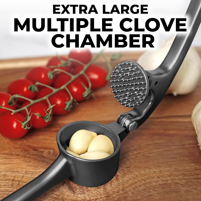 Zulay Kitchen Large Premium Garlic Press Set - Bigger Bowl for Bigger Garlic - Rust Proof Garlic Mincer Tool - Easy-Squeeze, Easy-Clean Silicone Garlic Peeler & Brush (Dark Gray)