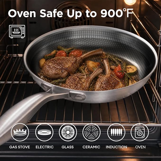 COOKER KING 3pc Hybrid Nonstick Frying Pans Set, 8, 10 & 12" Pans | Stainless Steel Pans,Chef's Pan,Skillets Dishwasher & Oven Safe, Stay-Cool Handles,Induction Compatible – Metal Utensil Safe