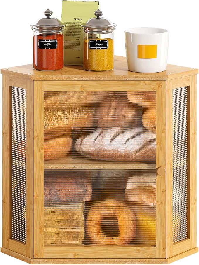 Corner Bread Box, Large Bamboo Bread Box for Kitchen Countertop, 2 Tier Wooden Bread Storage (Natural, Large)