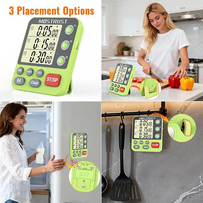 Digital Dual Kitchen Timer, Multiple Channels Countdown Timer | 3-Groups Triple Timer with Magnet-Back Memory-Preset Large Display Adjustable Volume, 3A Battery Included, Ideal for Cooking