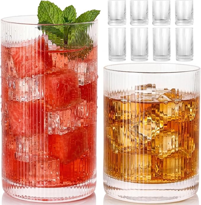 JOVGANK Drinking Glasses Set of 8 – Lead-Free Crystal Glassware, 4 Tall 15oz & 4 Short 10oz Vintage Ribbed Tumbler Glasses, Dishwasher Safe, for Juice Beer Cocktails, Great Housewarming Gift, Set A