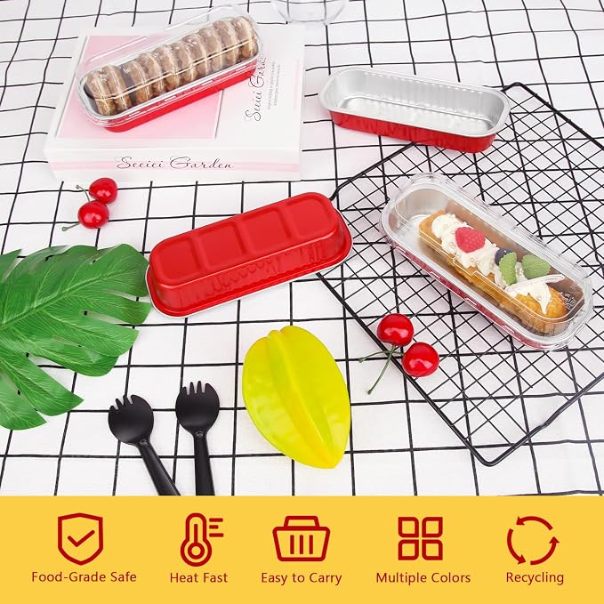 LNYZQUS Mini Loaf Pans with Lids 50 Pack, 6.8oz Small Cake Tins | Rectangle, Red, Disposable Aluminum Foil Baking Cups, Individual Containers for Christmas Party Treats