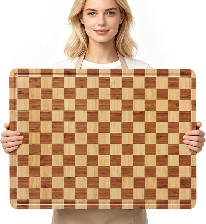24”Extra Large Bamboo Cutting Boards for Kitchen Wooden Checkered Cutting Board Heavy Duty Butcher Block Healthy End Grain Charcuterie Board Non Slip XXXL Wood Over Sink Decorative Chopping Board