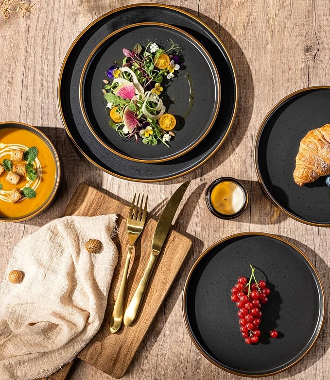 LERATIO Stoneware Dinnerware Sets for 4,12-Piece Matte Plates and Bowls Set | Handmade High Edge Rim Dish Set,Oven & Microwave,Dishwasher Safe,Scratch Resistant-Ashen Gold Rim