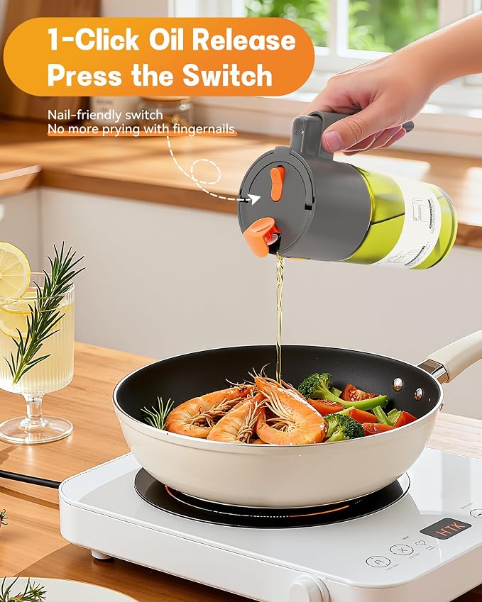 Olive Oil Sprayer & Dispenser Bottle for Cooking 17oz Dark Glass Oil Mister | 2-in-1 Sprayer & Pourer, Leakproof, Fine mist, Light-Blocking, Wide Mouth for Easy Refill & Clean, 8 Oil Labels, Reusable