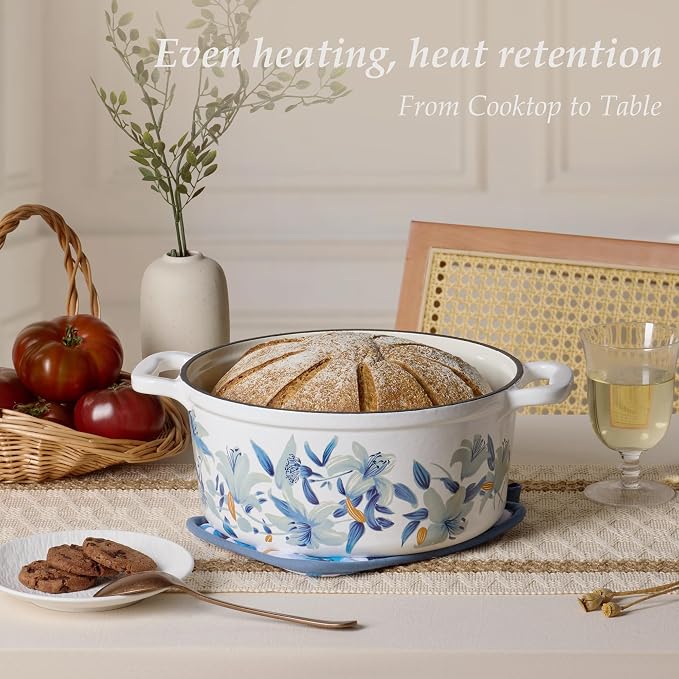 CAROTE 5QT Enameled Floral Cast Iron Dutch Oven Pot with Lid | Sourdough Bread Baking with Cotton Potholders & Oven Gloves, Gift Box, Cookware for Braising, Oven Safe up to 500° F
