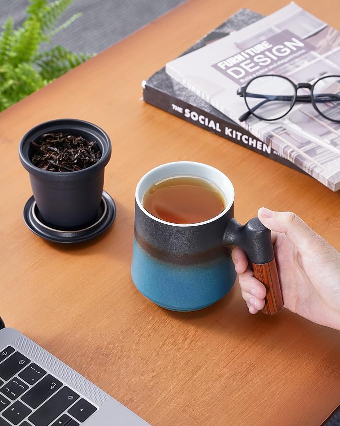 ZENS Tea Cup with Infuser and Lid for Loose Leaf Tea Steeper, 13.5oz Blue | Embossed Ceramic Tea Infuser Mug with Fine Strainer for Herbal Tea Lovers Gifts, Nature Wood Handle