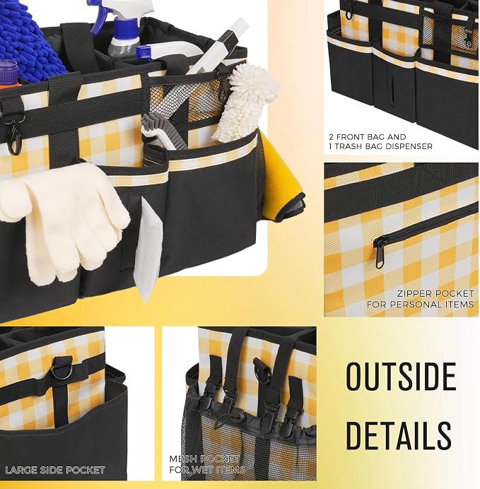SCAVATA Wearable Cleaning Caddy, Cleaning Caddy Supplies Organizer with Handle & Shoulder Straps for Housekeepers, Under Sink & Car Cleaning Tool Organizers Bag with 4 Foldable Divider (YellowPlaid)