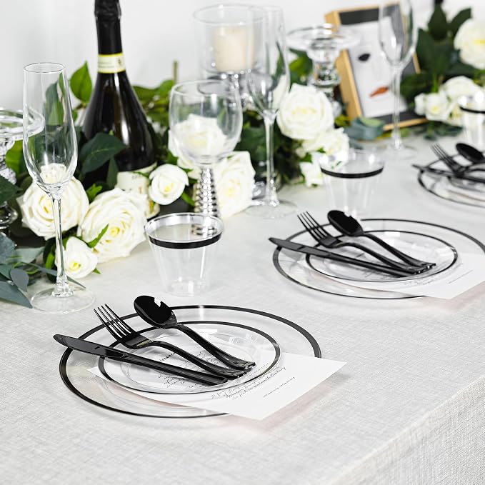 600PCS Clear Black Plastic Plates, Disposable Dinnerware Set for Party | 100 Guest, 100 Dinner & Dessert Plates, Forks, Spoons, Knives, Cups, Black Rim, for Halloween Graduation Labor Day