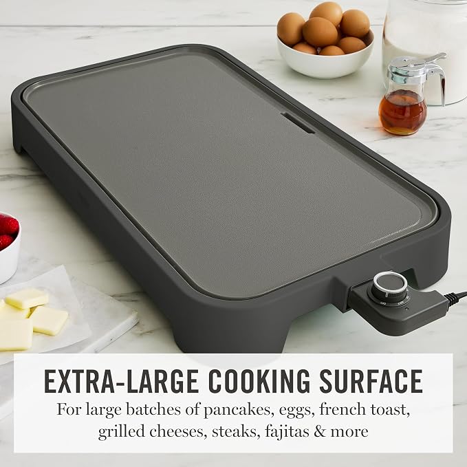Martha Stewart 12"x 22" XL Electric Griddle, Ceramic Nonstick Flat Top | PFAS-Free Nonstick Grill, XL Cooking Surface for Pancakes & Eggs, Adjustable Temp Dial, Drip Tray, 1500W Heating, Caviar Gray