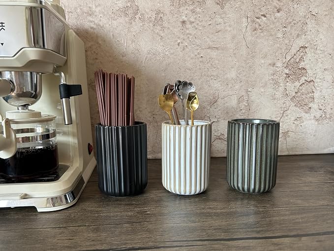 TOPYOKK Stoneware Coffee Bar Utensil Holder Tea & Coffee Spoon & Stirrer Holder for Stir Stick Straw Teaspoon Holder Espresso Spoon Cup Small Utensil Jar Fluted Vertical Stripe (Retro White)