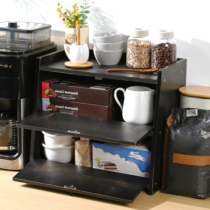 Bamboo Corner Bread Box for Kitchen Countertop 2-Tier Black | Farmhouse Bread Storage Container, Large Pantry Organizers for Homemade Snacks, Loaves, Breathable Keeps Bread Fresh