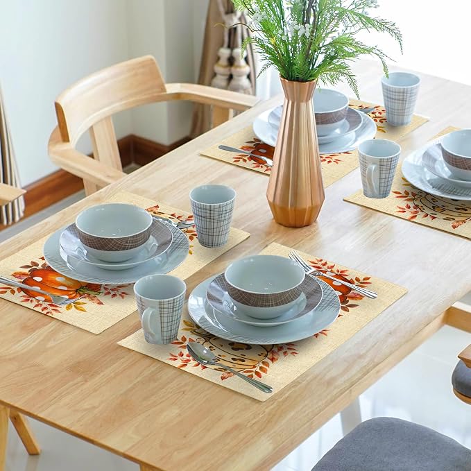 Fall Pumpkins Placemats Set of 4 18x12 Inch Autumn Thankful Linen Place Mats Heat-Resistant Washable Wipeable Thanksgiving Season Holiday Table Mat for Party Kitchen Dining Room Dinner Table Decor