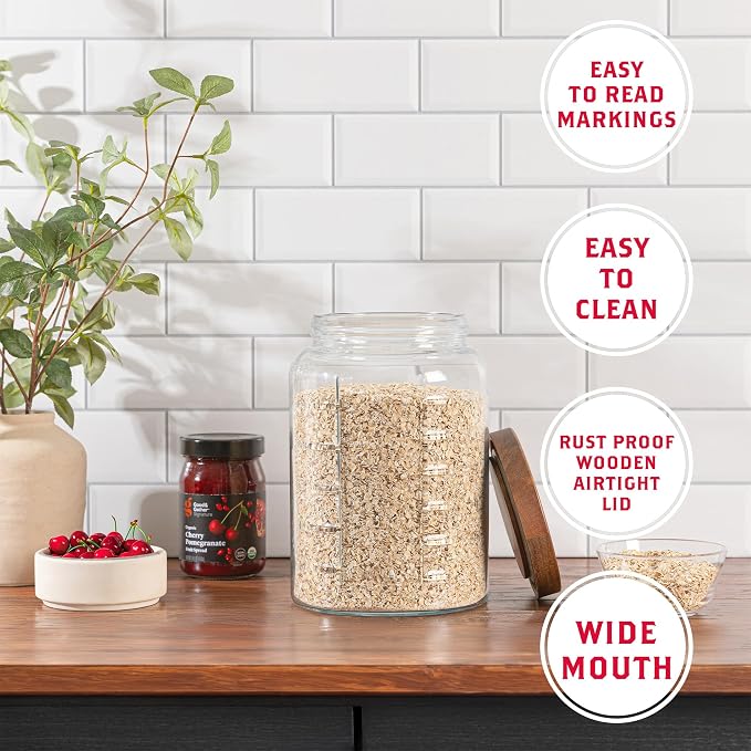 Extra Large Mason Jar - 1 Gallon Glass Wide Mouth Jar with Airtight Wooden Lid, Food Storage Container with Measurement Markings For Kitchen Pantry, Pickling, Cookies, Flour & Sugar