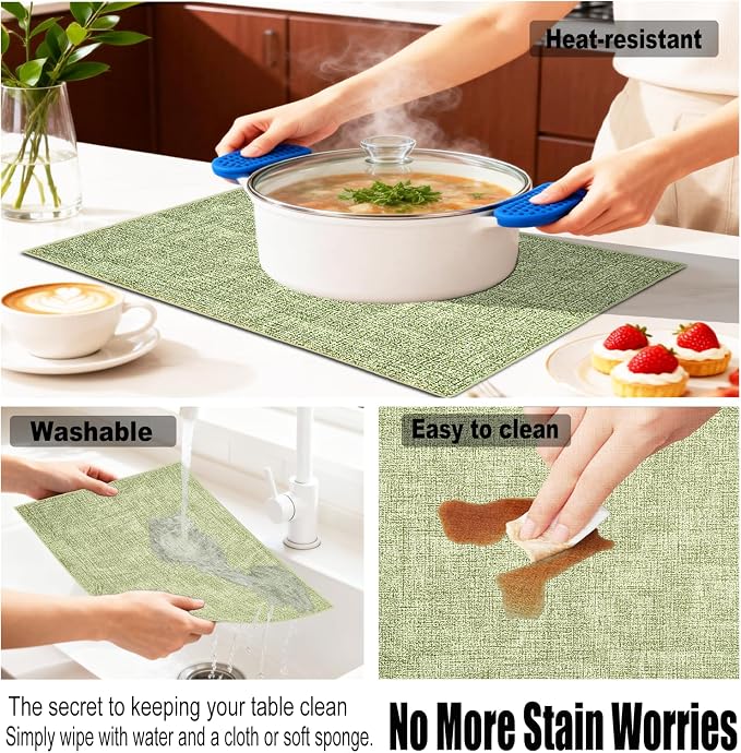 Faux Leather Placemats Set of 4, 11.8"x17.7", Grass Green | Reversible Table Mats, Waterproof, Stain & Heat Resistant, Easy Clean for Dining, Gatherings, Outdoor