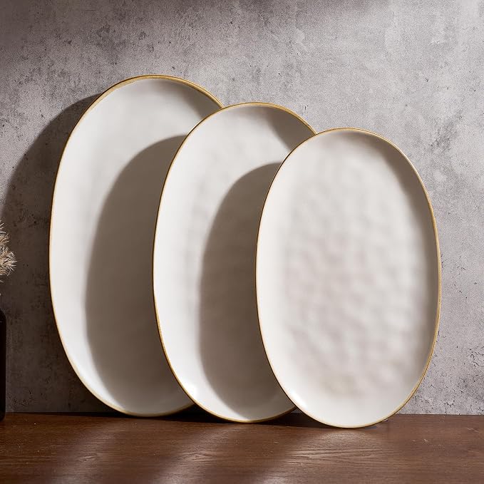 famiware Serving Platters Set of 3 Sizes - Oval, Matte White | 15.59"/14.3"/12.9" Fine Stoneware Serving Trays for Party, Entertaining for Food, Turkey, Cheese, Microwave Dishwasher Safe