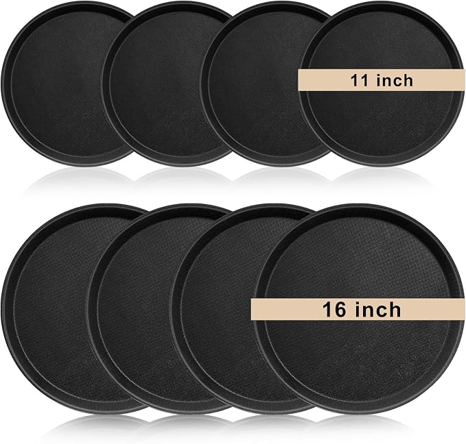 Zopeal 8 Pcs Bar Service Tray Round Plastic Non Slip,11", 16" | For Waiter Server in Restaurant Cafeteria Bar, Raised Edges Prevent Spills, Cocktail Food Server, Textured Surface Grip