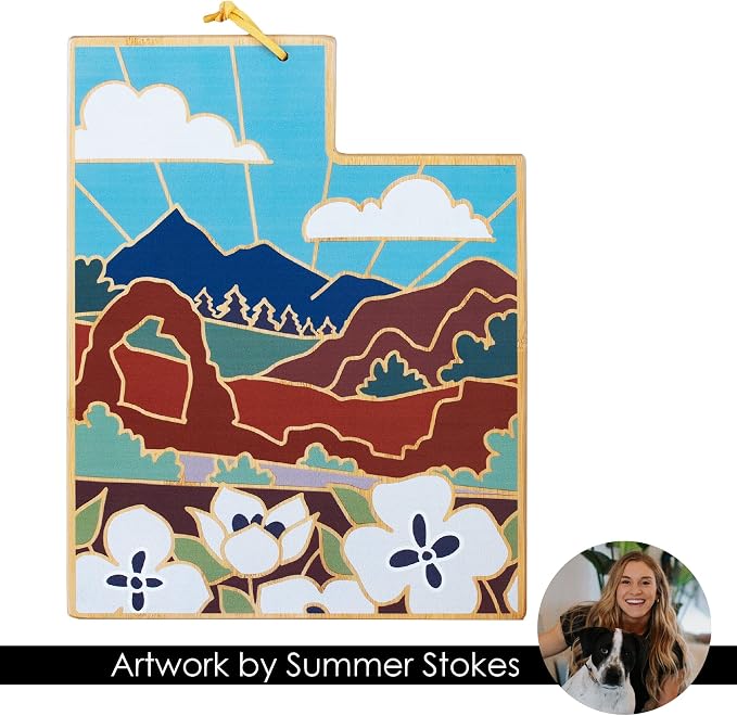 Totally Bamboo Utah State Shaped Cutting Board, Summer Stokes Art | State charcuterie board with colorful hand-drawn landscape art. Smooth reverse side for food prep. Hang tie for wall display.