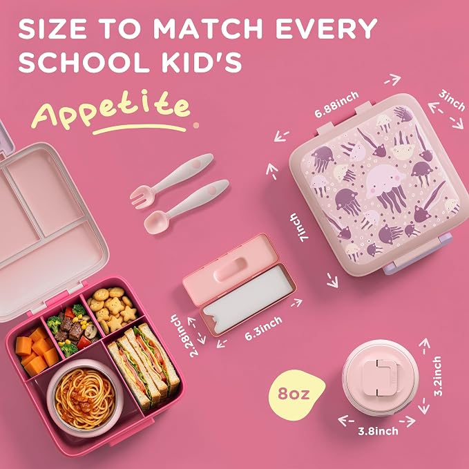 JXXM Bento Lunch Box for Kids with 8oz Soup Thermo,Leak-Proof Lunch Containers with 5 Compartment,Thermo Food Jar Food Containers for School (Pink-Jellyfish)