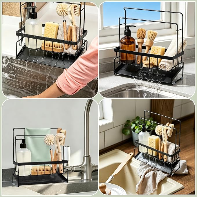 Sponge Holder for Kitchen Sink, Sink Caddy with Towel Bar & Wall Mount Hooks, Kitchen Organizer Storage Rack for Dish Sponge, Soap, Brush, Rustproof Stainless Steel, No Drilling Adhesive Design