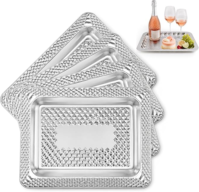 4 Pack Silver Serving Trays Set, Serving Trays for Party (15.7" x 11.8", Rectangular)