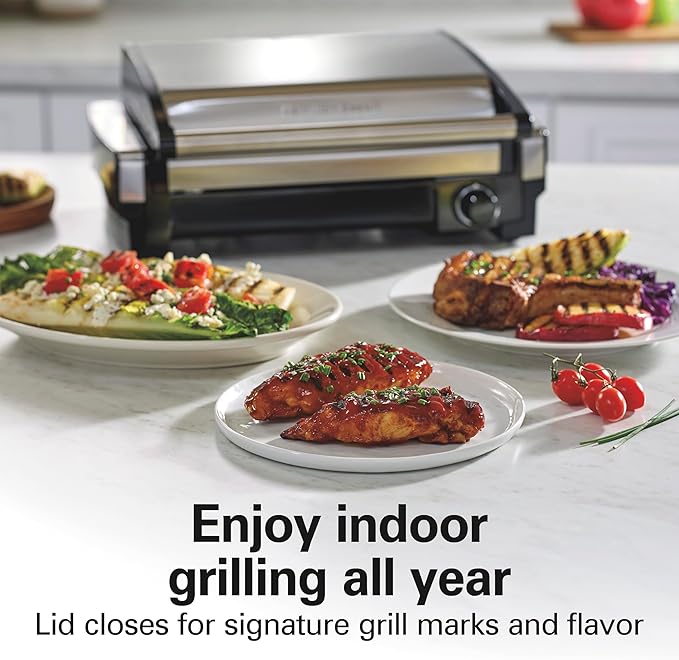 Hamilton Beach Electric Indoor Searing Grill with Adjustable Temperature Control to 450F, 118 sq. in. Surface Serves 6, PFAS-Free Removable Nonstick Grate, Stainless Steel (25360) | Adjustable Temperature Control To 450°F | 118 sq. in. PFAS-Free Remova...