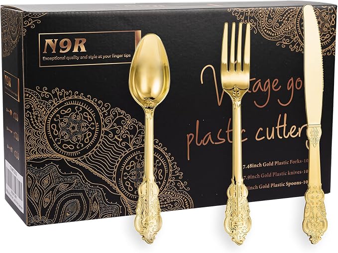 300PCS Gold Plastic Silverware, Vintage Disposable Utensils & Cutlery | 100 Fancy Forks, Spoons, Knives, Heavy Duty, BPA-Free, for Party, Weddings, Birthday & Holiday