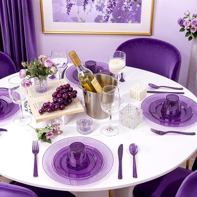 DaYammi 350 Pieces Purple Glitter Dinnerware Set 50 Guest for Party- 50 Dinner Plates, 50 Dessert Plates -50 Per Rolled Napkins with Purple Cutlery - 50 Disposable Cups 9 OZ